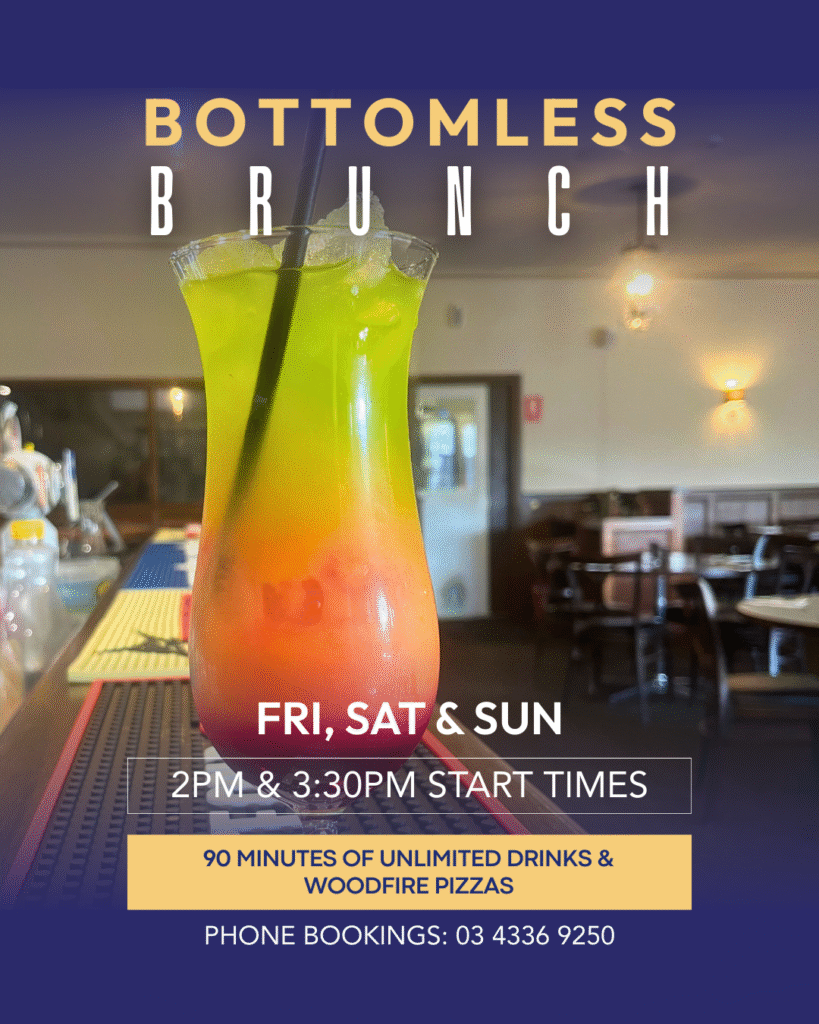 Bottomless brunch table with cocktails, wine, and woodfired pizzas at The Courthouse Hotel Smythesdale.