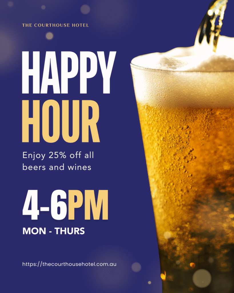 Glass of cold beer on the bar for Happy Hour at The Courthouse Hotel Smythesdale.