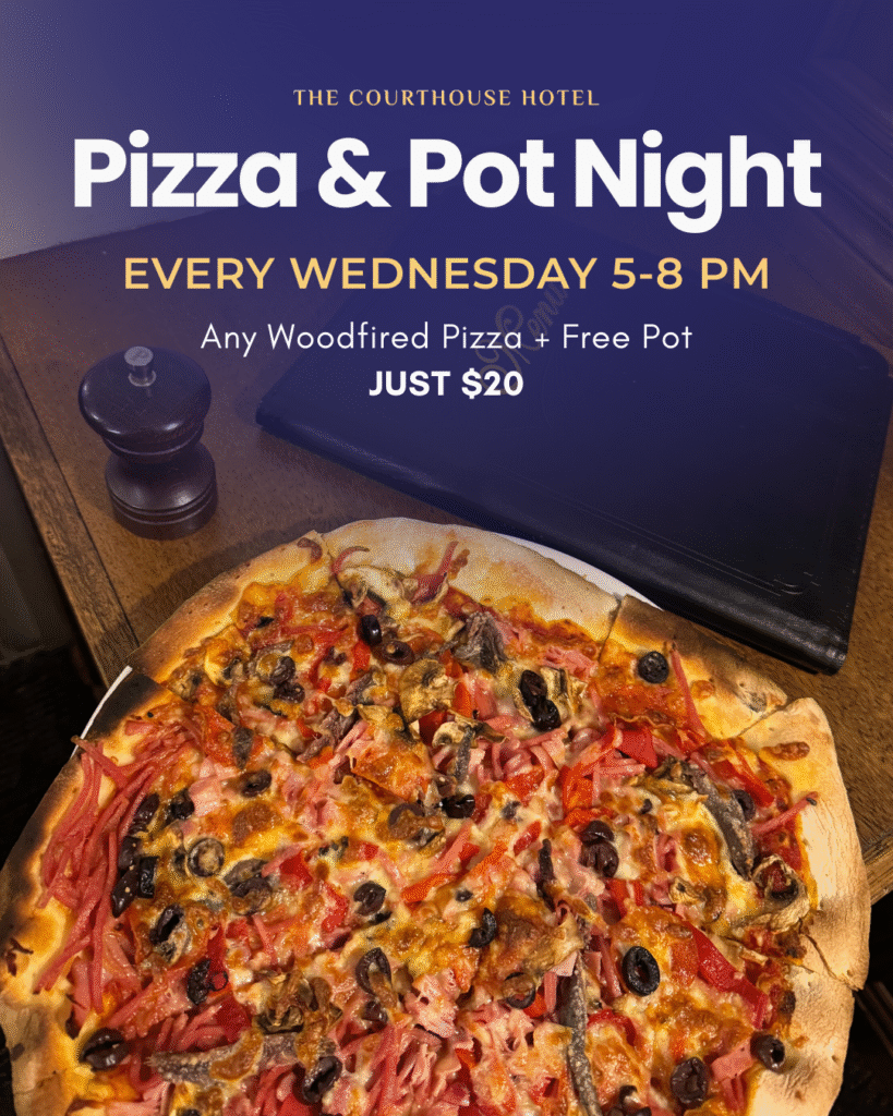 Woodfired pizza with a pot of beer at The Courthouse Hotel Smythesdale Wednesday Pizza & Pot Night.