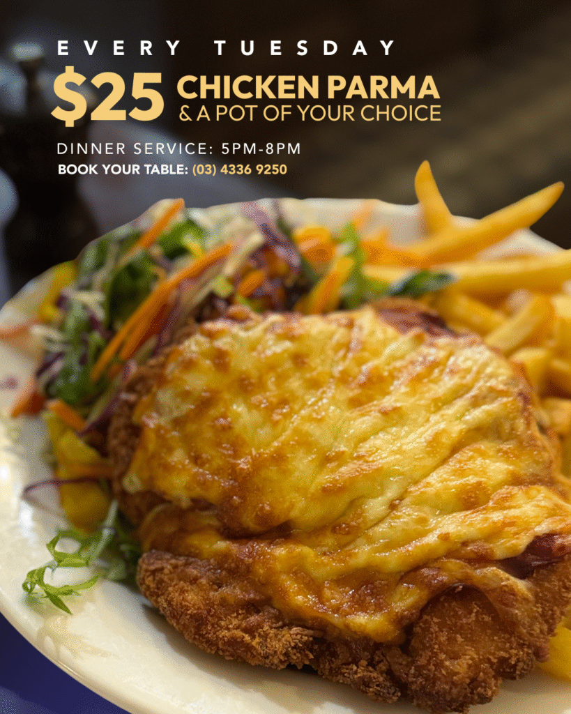 Chicken parma with chips, salad, and pot of beer at The Courthouse Hotel Smythesdale Tuesday Parma Night.