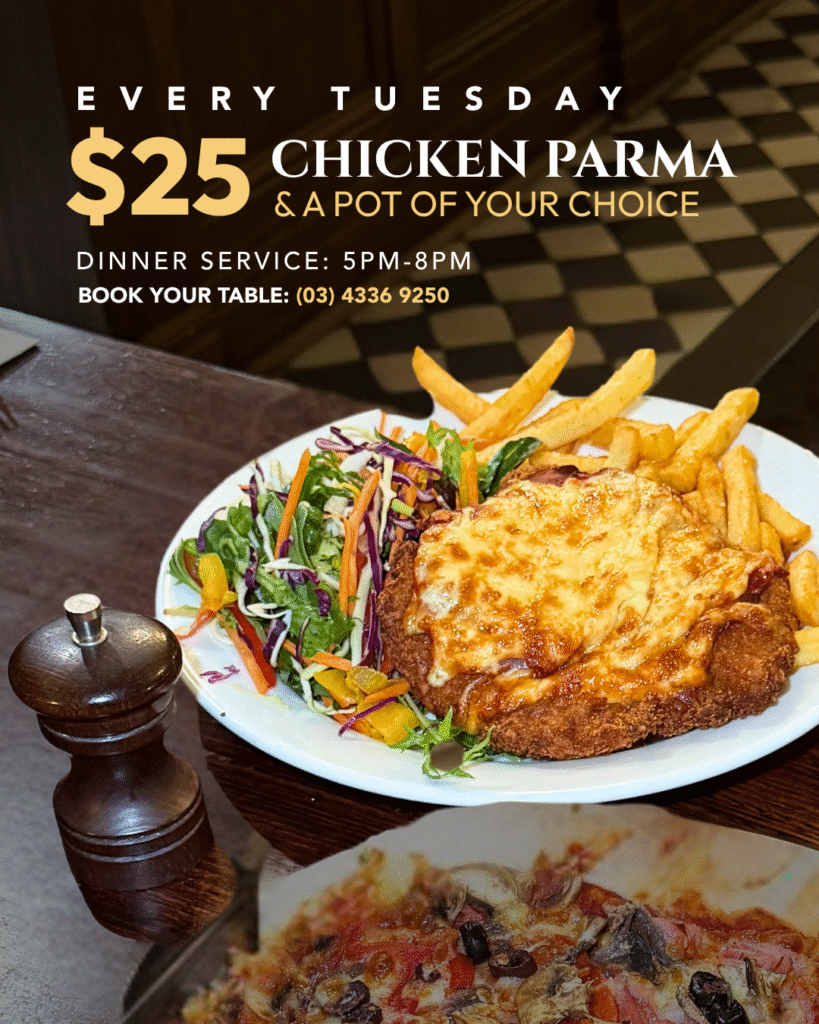 Chicken parma with chips, salad and a pot of beer for Tuesday special at The Courthouse Hotel Smythesdale.