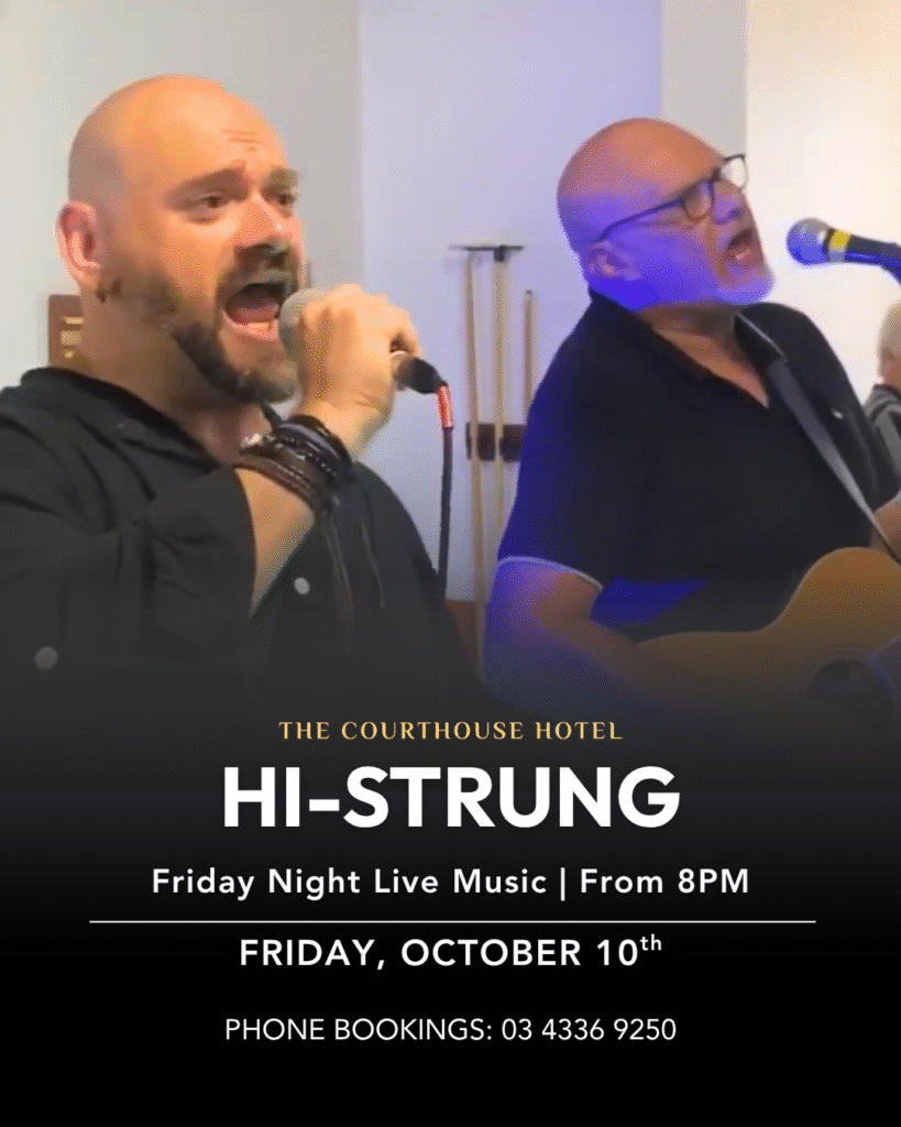Hi Strung duo performing live on stage at The Courthouse Hotel Smythesdale, October 10, 2025.