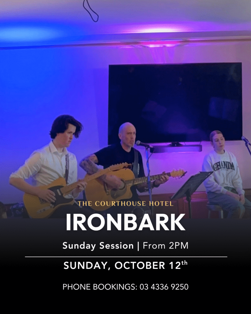 Ironbark acoustic group playing Sunday Session at The Courthouse Hotel Smythesdale on October 12, 2025.