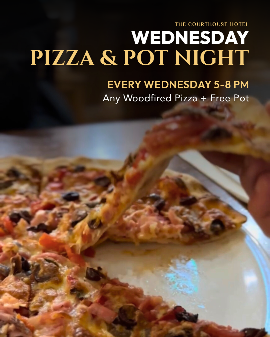 Wood-fired pizza beside a pot at The Courthouse Hotel Smythesdale for Wednesday Pizza & Pot Night, $20.