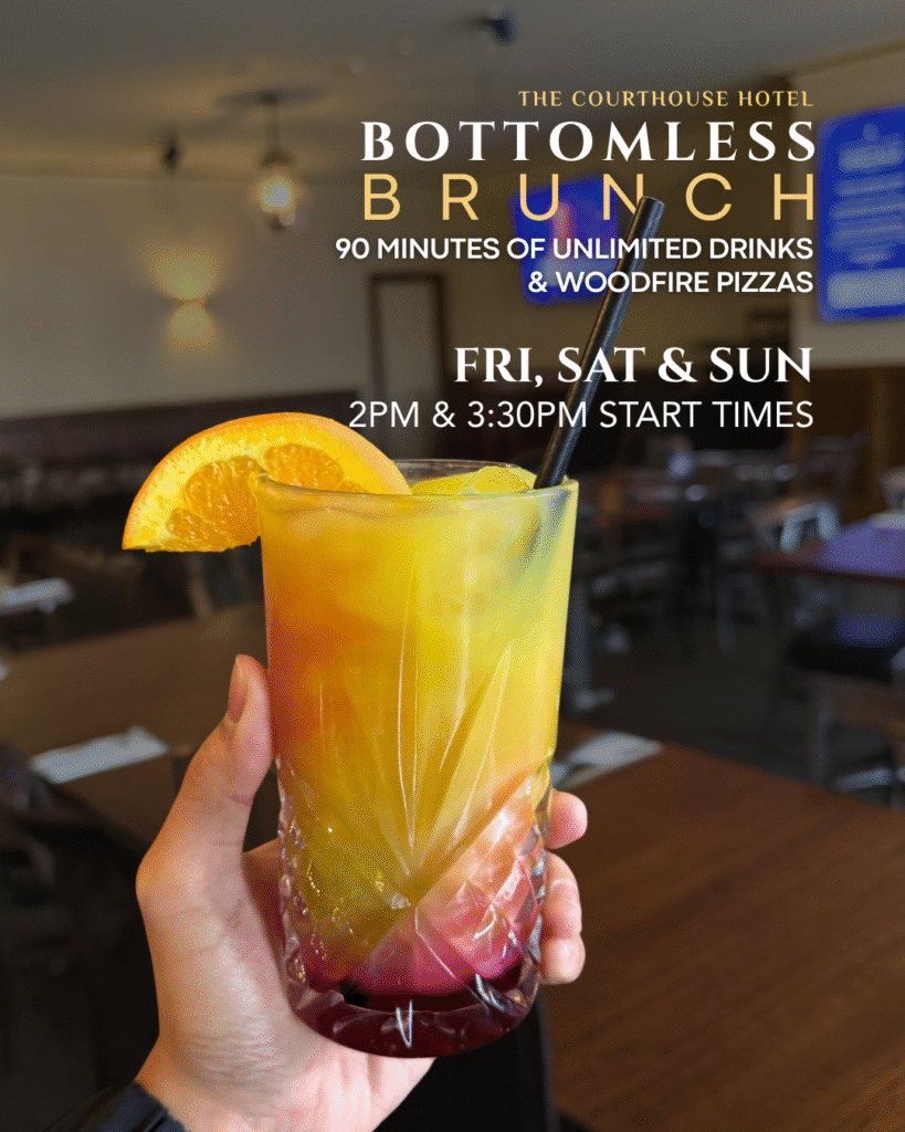 Bottomless Brunch spread with cocktails and wood-fired pizzas at The Courthouse Hotel Smythesdale, sessions at 2:00 PM and 3:30 PM.