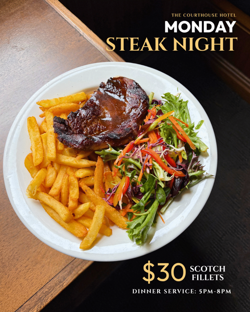 $30 Scotch Fillet served with chips and salad at The Courthouse Hotel Smythesdale for Monday Steak Night.