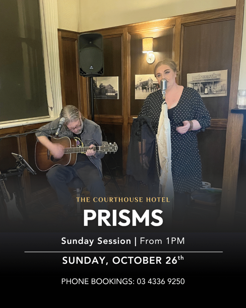 Prisms Duo performing live for Sunday Session at The Courthouse Hotel Smythesdale with an afternoon crowd.