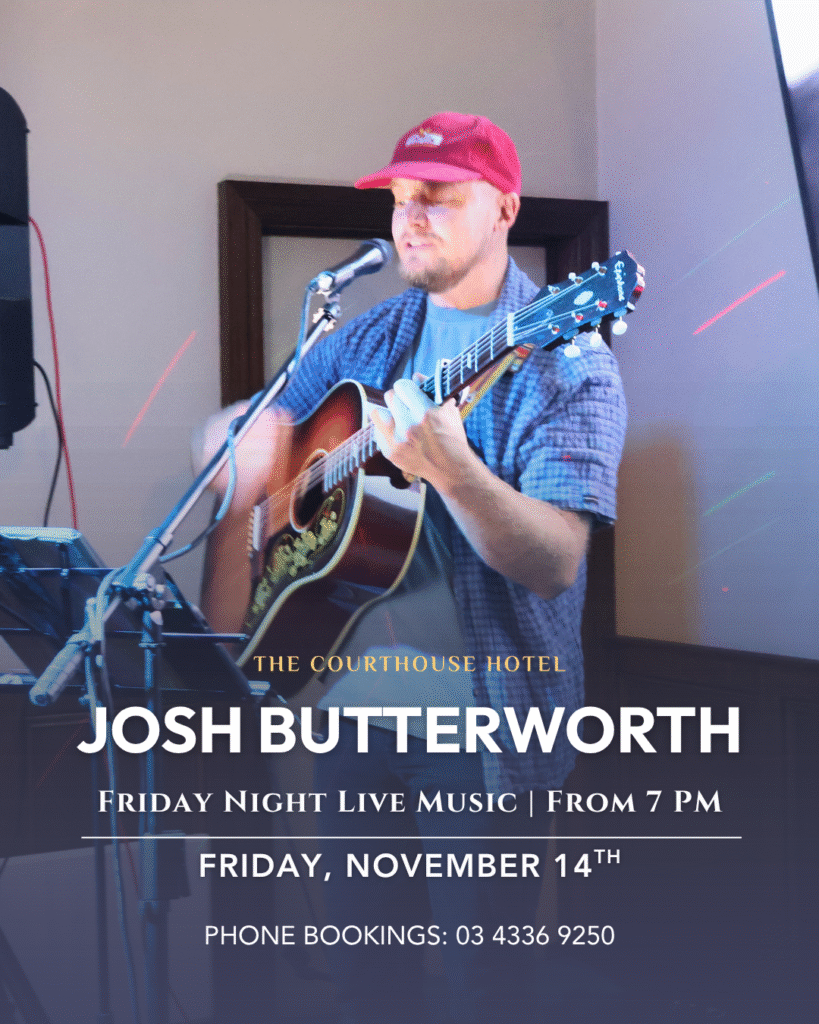 Josh Butterworth performing live on stage at The Courthouse Hotel Smythesdale, 14 Nov 2025, evening show.