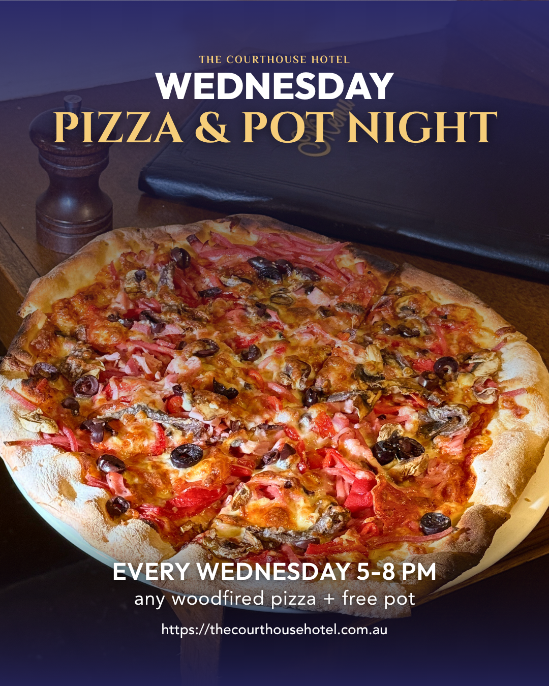 Wood-fired pizza and a pot of beer on a table for Wednesday Pizza & Pot Night at The Courthouse Hotel Smythesdale.