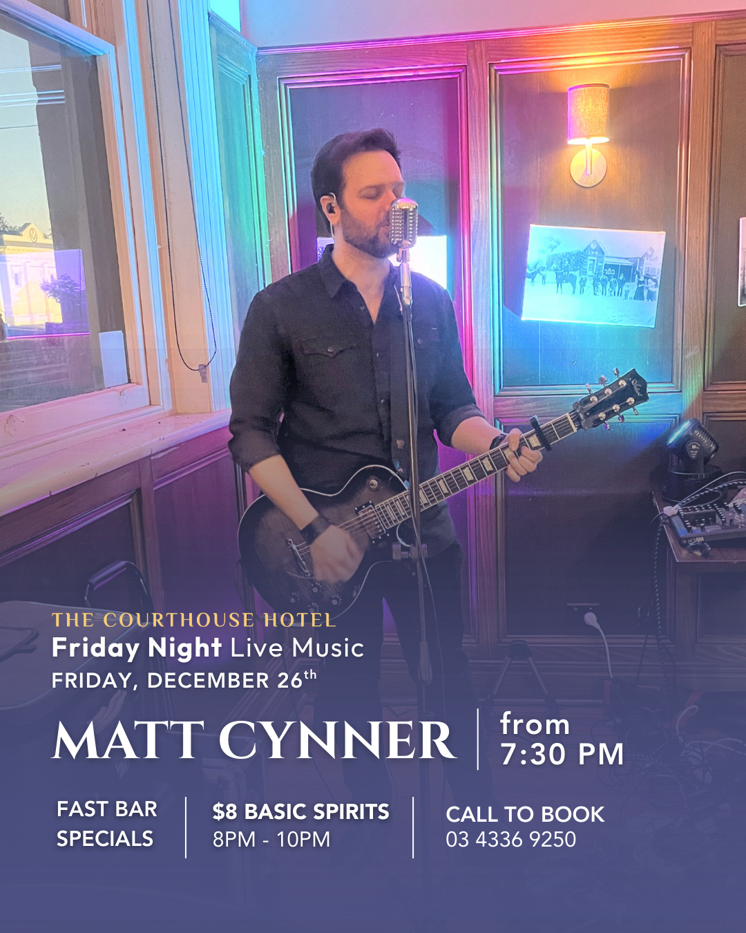 Matt Cynner performing live with guitar during Friday Night Live Music at The Courthouse Hotel Smythesdale in December.