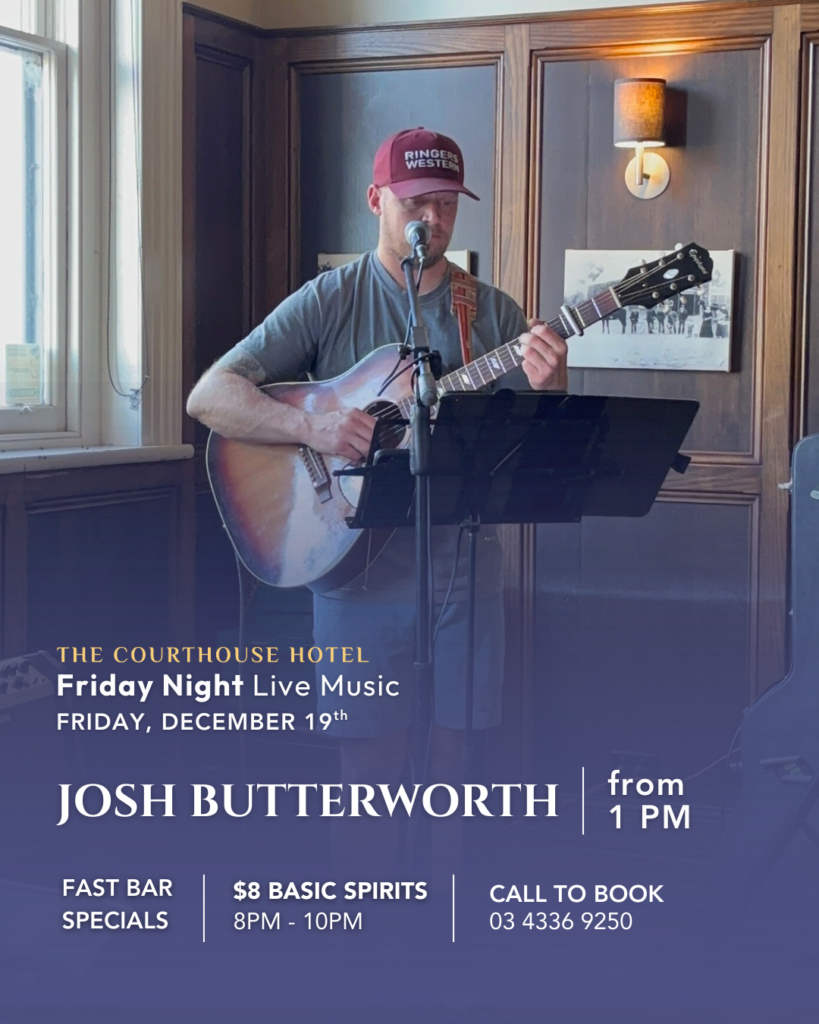Josh Butterworth performing live with guitar during Friday Night Live Music at The Courthouse Hotel Smythesdale.