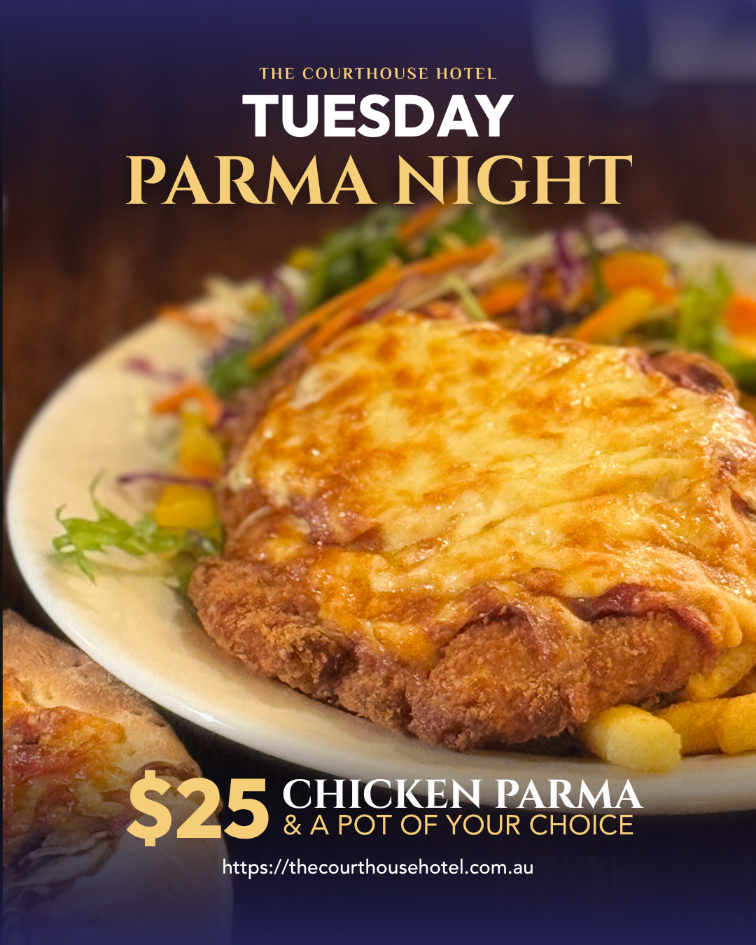 Chicken parma with chips and salad served in the dining room at The Courthouse Hotel Smythesdale.