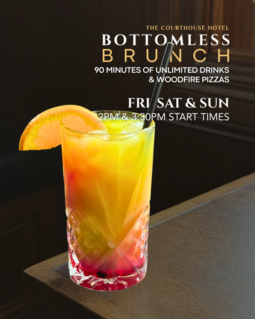 Group of friends enjoying cocktails and shared wood-fired pizzas during Bottomless Brunch at The Courthouse Hotel Smythesdale.