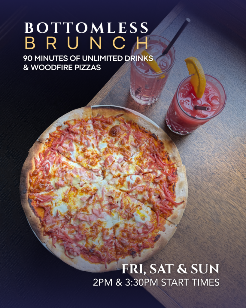 Group of friends enjoying cocktails and shared wood-fired pizzas during Bottomless Brunch at The Courthouse Hotel Smythesdale.