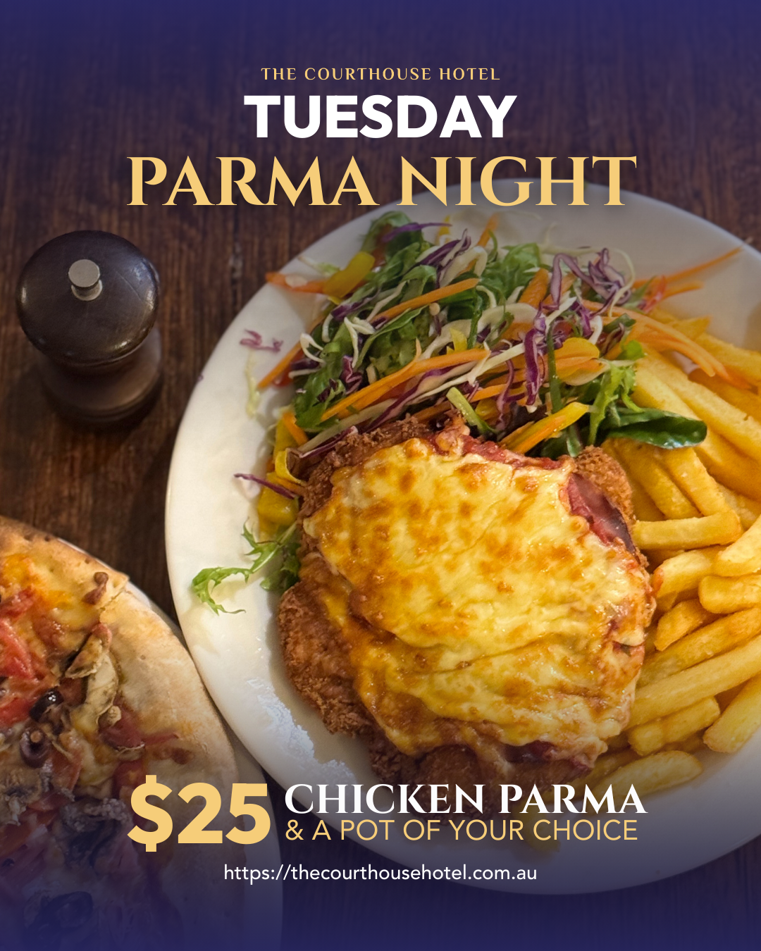 Chicken parma with chips, salad and a pot of beer for Tuesday Parma Night at The Courthouse Hotel Smythesdale.