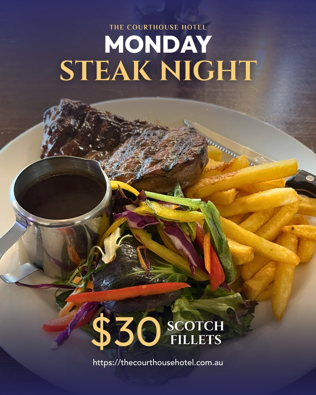 $30 Scotch fillet steak with chips and salad on a white plate at The Courthouse Hotel Smythesdale Monday Steak Night.