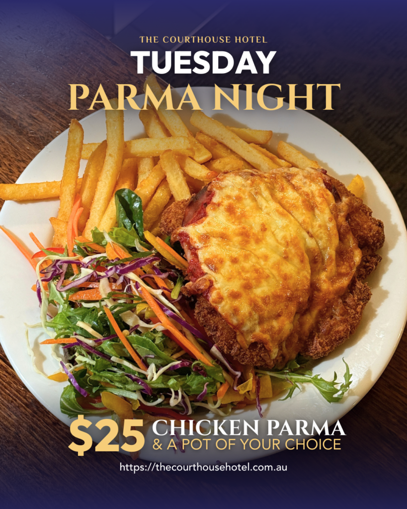 Chicken parma with chips, salad and a pot of beer for Tuesday Parma Night at The Courthouse Hotel Smythesdale.