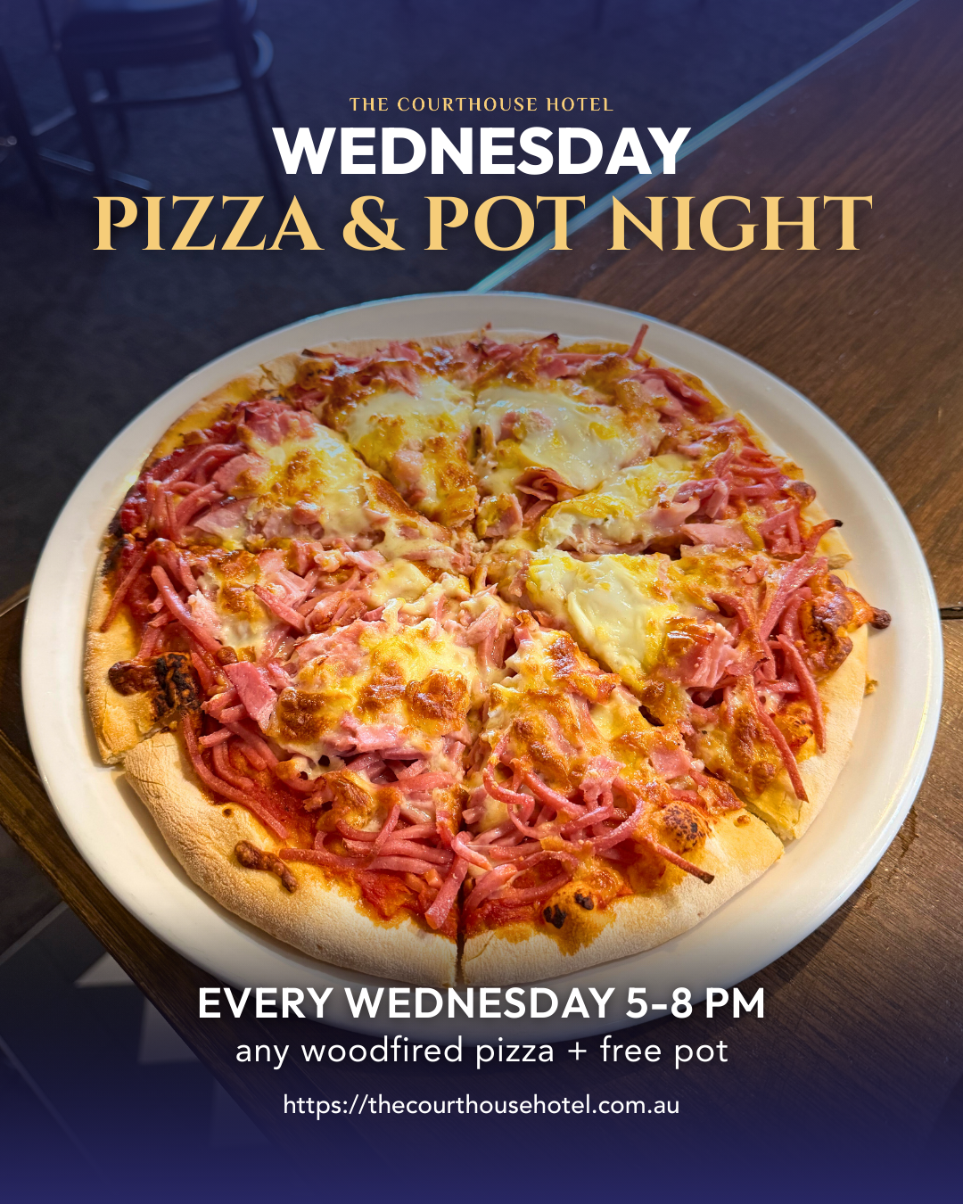 Wood-fired pizza and a pot of beer on a table for Wednesday Pizza & Pot Night at The Courthouse Hotel Smythesdale.