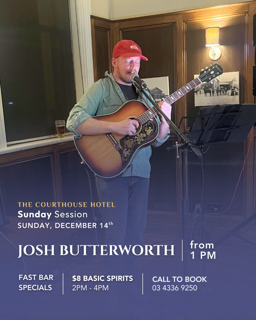 Josh Butterworth performing acoustic guitar during a relaxed Sunday Session at The Courthouse Hotel Smythesdale.