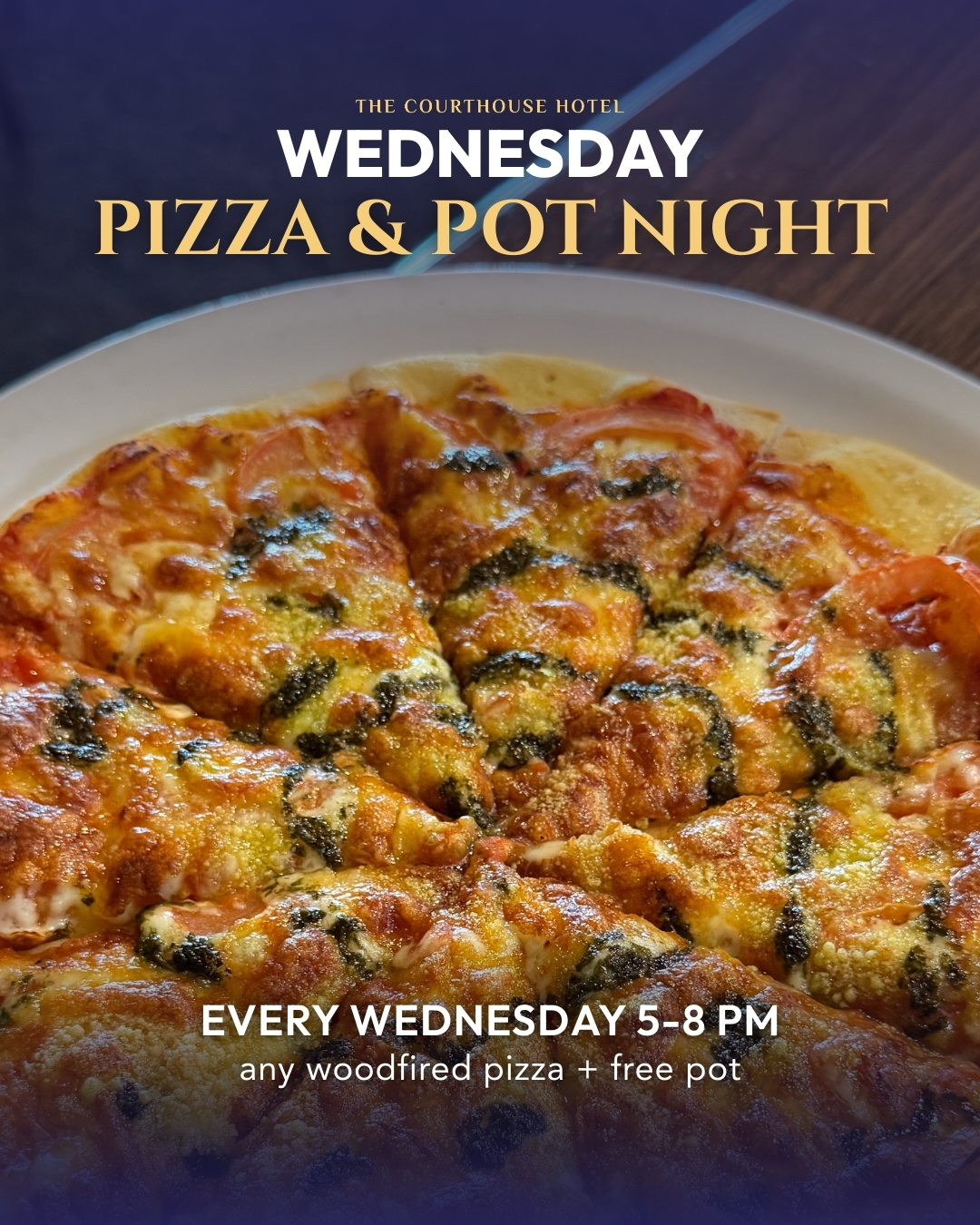 Woodfired pizza on a table during Wednesday Pizza & Pot Night at The Courthouse Hotel Smythesdale.