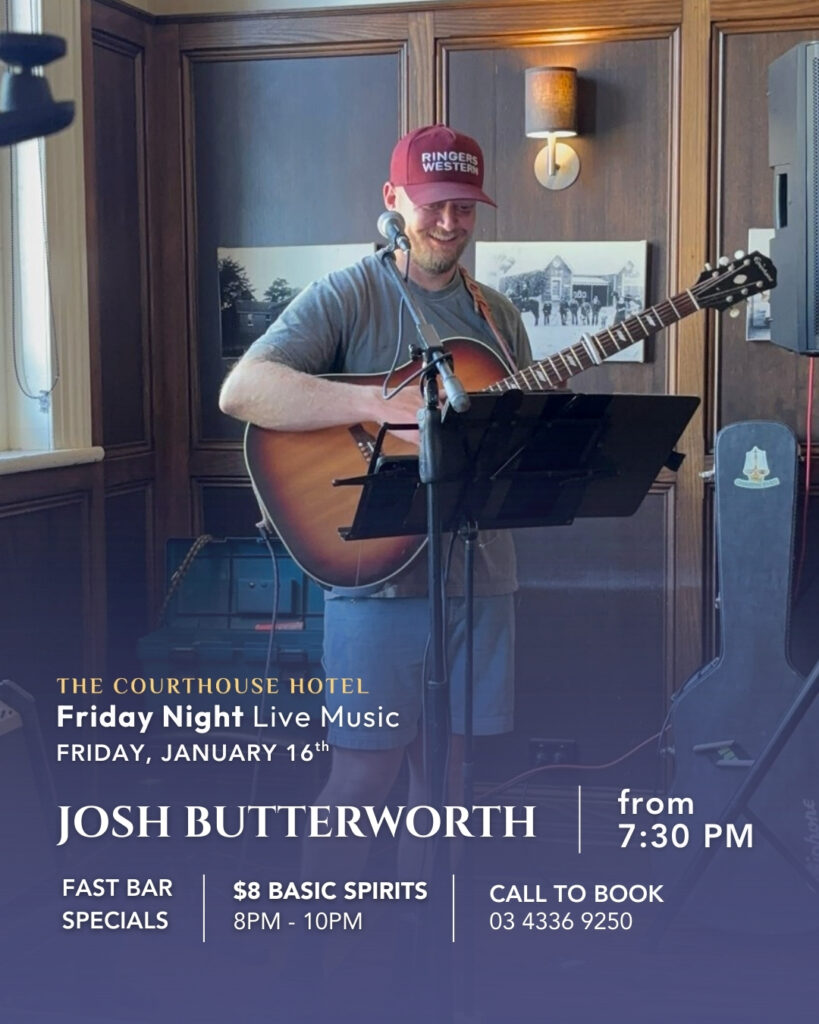 Josh Butterworth playing guitar and singing live at The Courthouse Hotel Smythesdale during Friday Night Live Music.