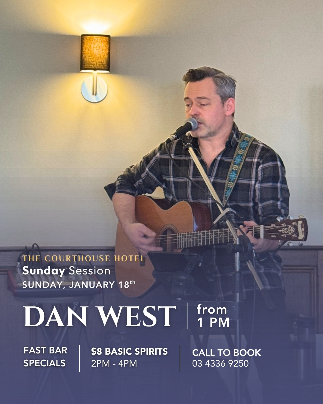 Dan West performing live with an acoustic guitar during a Sunday Session at The Courthouse Hotel Smythesdale.