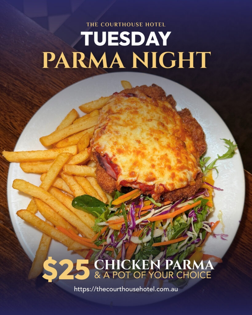 Chicken parma with chips, salad and a free pot special at The Courthouse Hotel Smythesdale Tuesday night