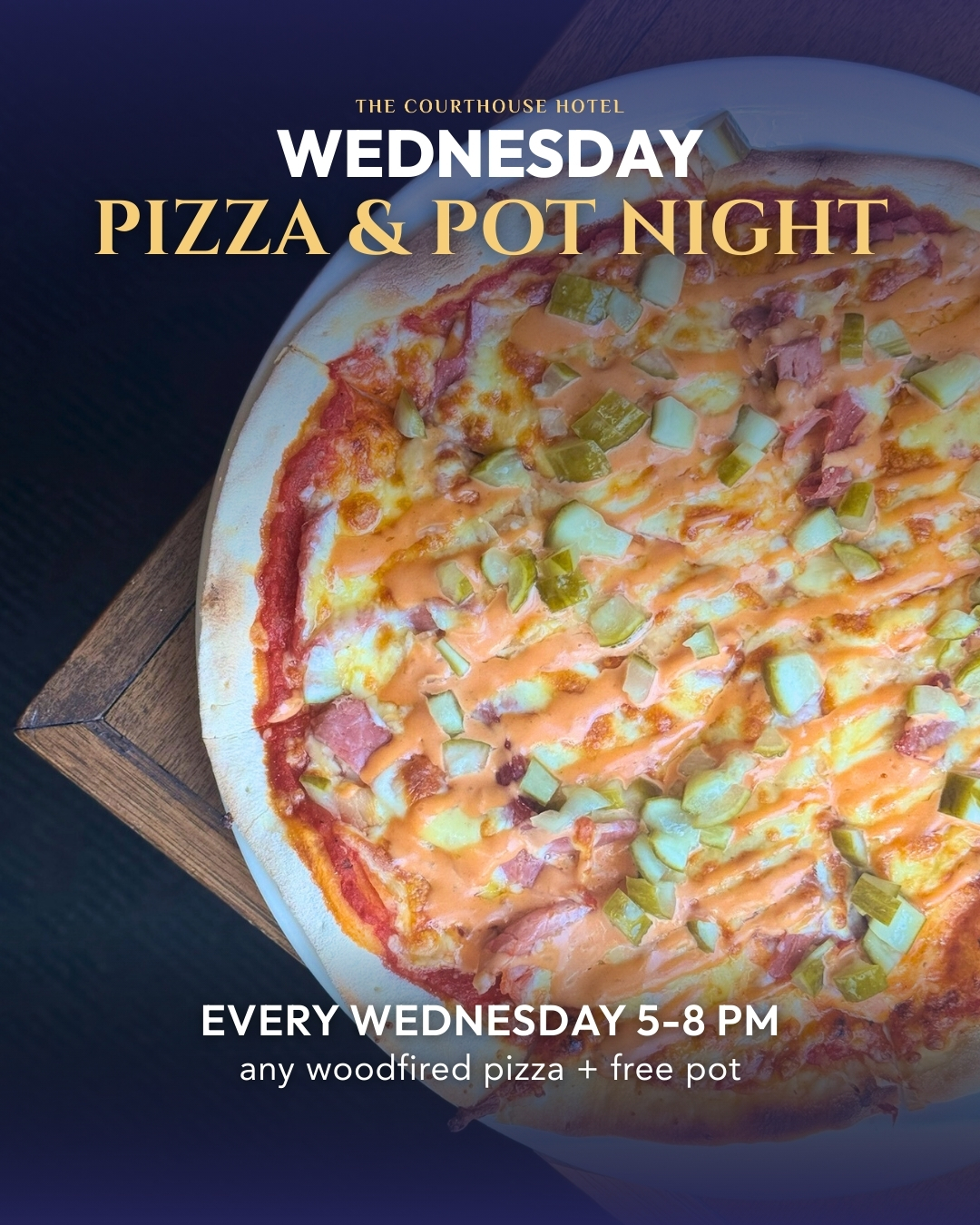 Woodfired pizza on a table for Wednesday Pizza & Pot Night at The Courthouse Hotel Smythesdale.