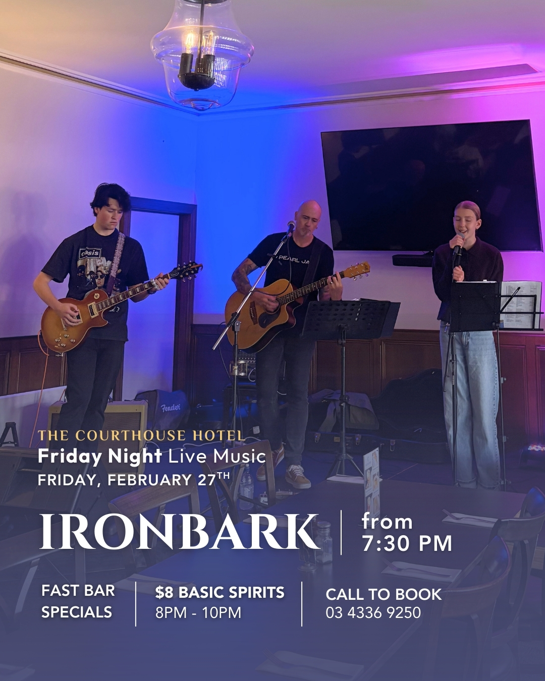 Ironbark performing Friday Night Live Music at The Courthouse Hotel Smythesdale on February 27 2026 from 7:30pm with Fast Bar specials
