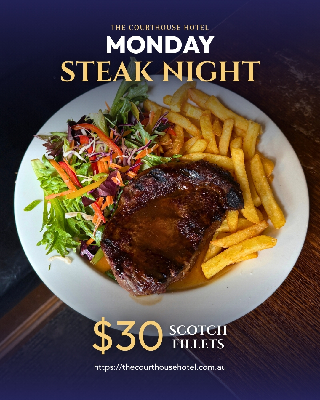 Monday Steak Night at The Courthouse Hotel Smythesdale — $30 Scotch fillet special (2026)