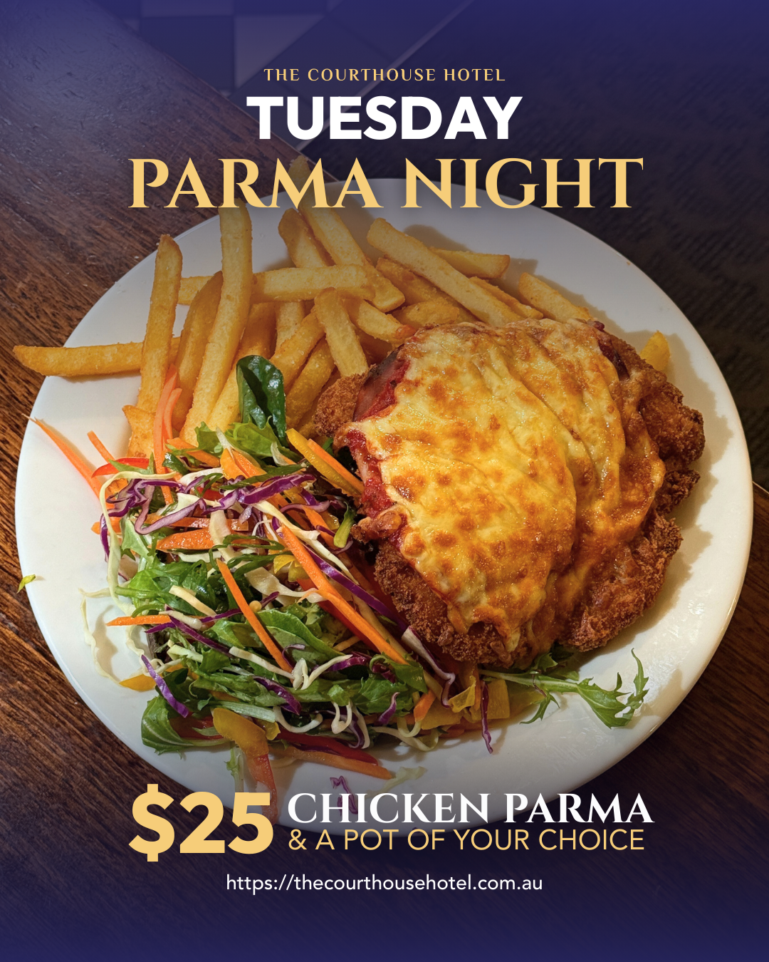 Tuesday Parma Night at Courthouse Hotel Smythesdale – $25 chicken parma with chips, salad and a free pot.