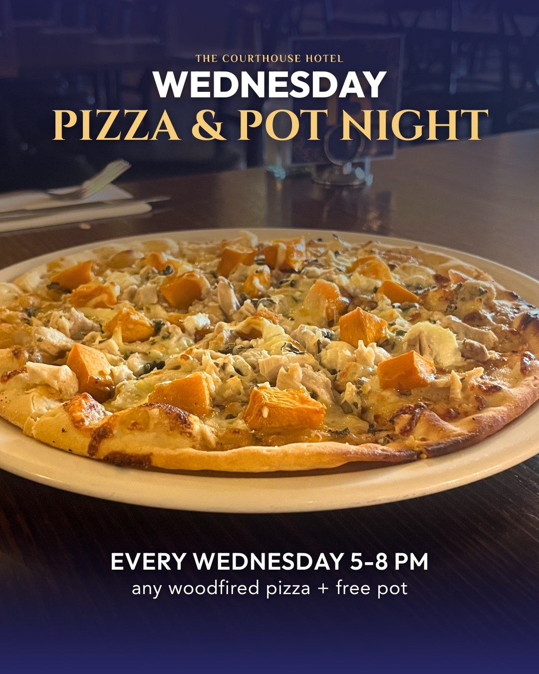 Wednesday Pizza & Pot Night graphic at The Courthouse Hotel Smythesdale showing any woodfired pizza with a pot of your choice for $20, 5–8PM.