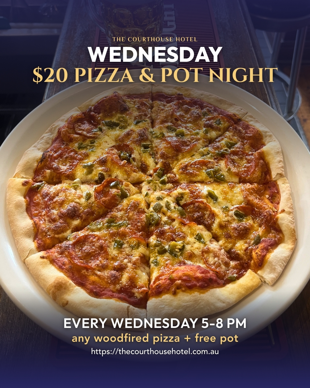 Wednesday Pizza and Pot Night at The Courthouse Hotel Smythesdale featuring woodfired pizza and a pot special from 5pm to 8pm