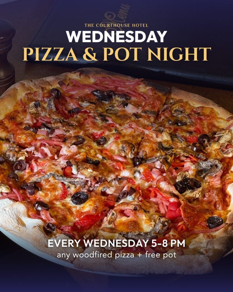 Wednesday Pizza & Pot Night at Courthouse Hotel Smythesdale – $20 any woodfired pizza plus a pot, 5–8PM.