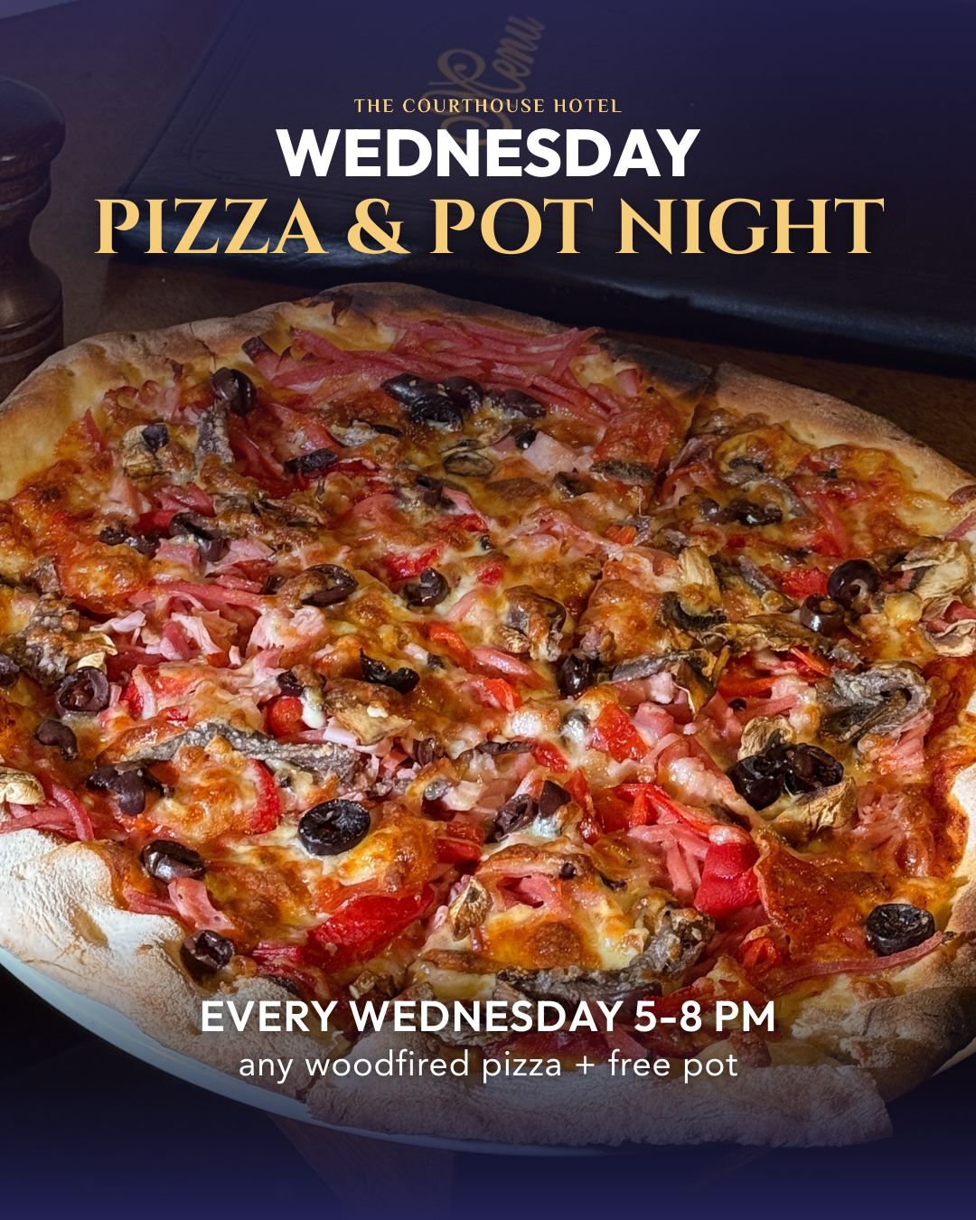 Wednesday Pizza & Pot Night at Courthouse Hotel Smythesdale – $20 any woodfired pizza plus a pot, 5–8PM.