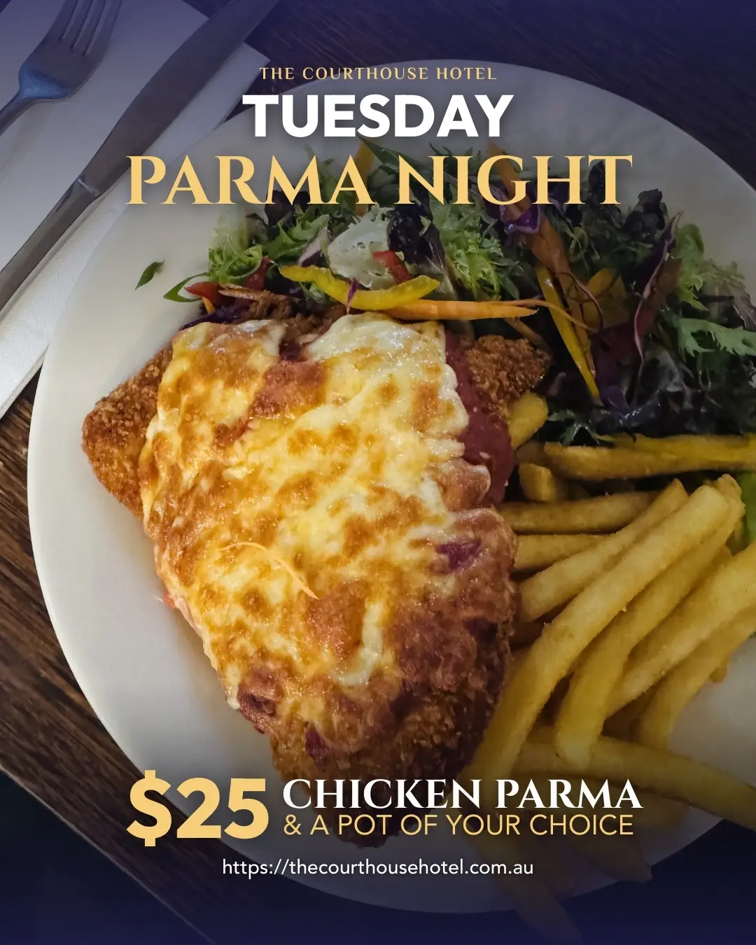 Chicken parma with melted cheese and chips at The Courthouse Hotel Smythesdale Tuesday Parma Night.