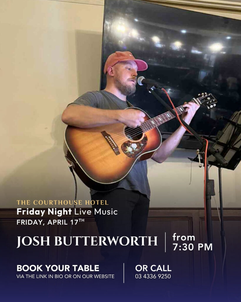 Friday Night Live Music at The Courthouse Hotel Smythesdale on 17 April 2026. Live music from 7:30pm. Dinner and drinks available.
