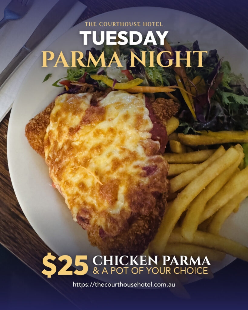 Chicken parma with chips and salad for Tuesday Parma Night at The Courthouse Hotel Smythesdale