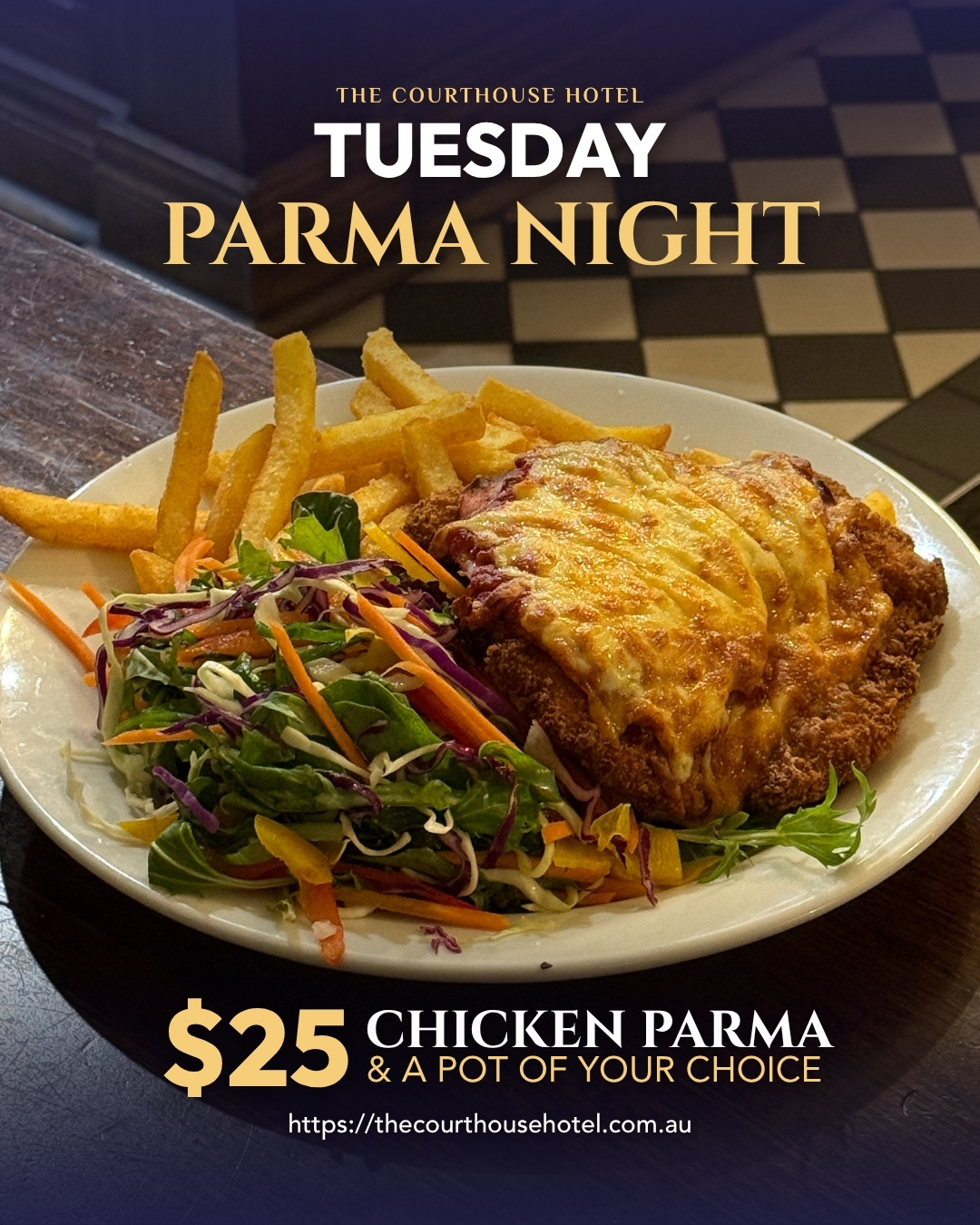 $25 chicken parma with a free pot for Tuesday Parma Night at The Courthouse Hotel Smythesdale