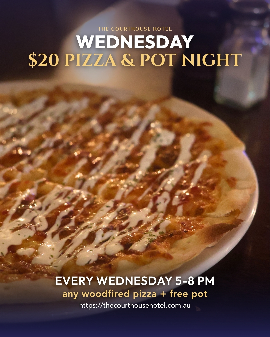 Woodfired pizza on a plate for Wednesday $20 Pizza and Pot Night at The Courthouse Hotel Smythesdale