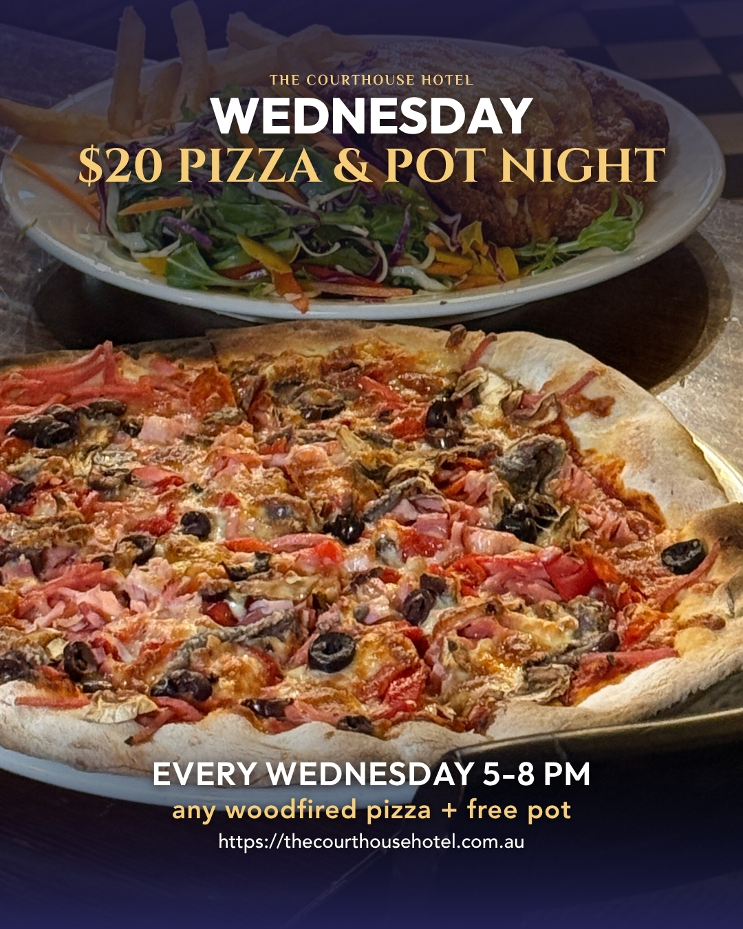 $20 woodfired pizza and pot deal on Wednesday Pizza and Pot Night at The Courthouse Hotel Smythesdale